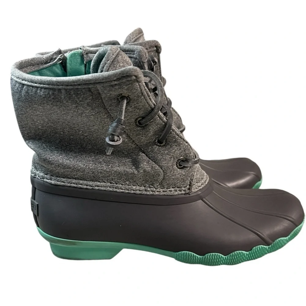 Sperry Saltwater Duck Boots Gray And Teal Green Size 4 Rain Snow Shoes